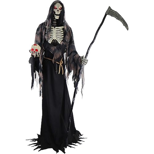 Haunted Hill Farm 7-Ft. Tall Rotting Reaper, Motion-Activated and Talking Animatronic for Indoor or Covered Outdoor Creepy Halloween Decorations, Plug-in Spooky Halloween Props
