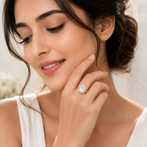 Image of Princess Diana Inspired Halo Birthstone Ring for Women Girls | Pure 925 Sterling Silver with AAA+ Natural Gemstone | 18K Gold-Plated | Best Gift for Birthday, Anniversary, or Valentine�s Day