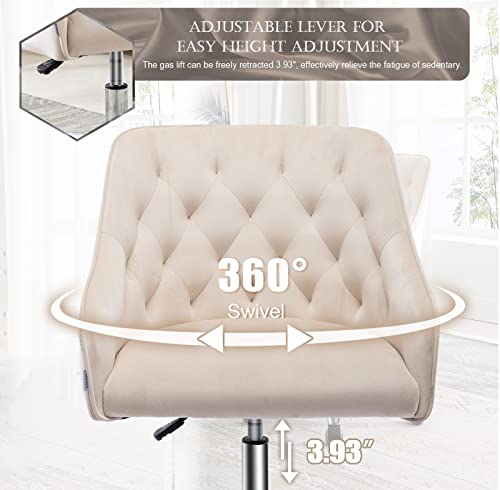 Baysitone Velvet Home Office Desk Chair, Modern Swivel Task Armchair With Adjustable Height, Upholstered Tufted Accent Computer Chair For Home And Office Working Or Studying, Beige #TOP4