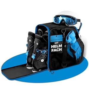 STYNGARD Skischuhtasche mit Helmfach und Stiefelfach [40 L] - Ski Stiefeltasche mit Umhängefunktion und Stauraum für Skizubehör - Tasche für Skischuhe Modell Zermatt (Schwarz-Blau)