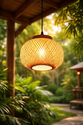 Image of MKS Craftscape Handcrafted Bamboo Hanging Lamp Shade /Cane Pendant Light for Ceiling Decoration | Rustic & Eco-Friendly Hanging Light for Living Room, Bedroom, Home & Cafe /with holder