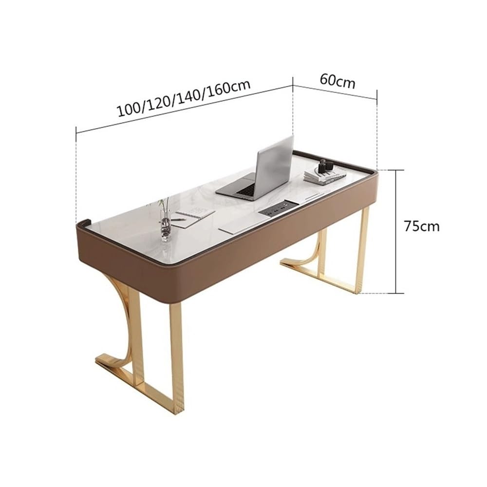 Biurko komputerowe, Nowoczesne biurko do nauki z gniazdkami, stolik pod laptopa i stanowisko pracy metalową ramą w kolorze złotym(160cm)
