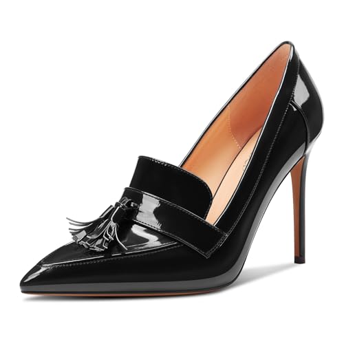 TNYNFBEB Womens Stiletto High Heel Pointed Toe Pumps Tassel Loafers Shoes Slip-on Prom Dress Patent Leather 3.9 Inches Heels