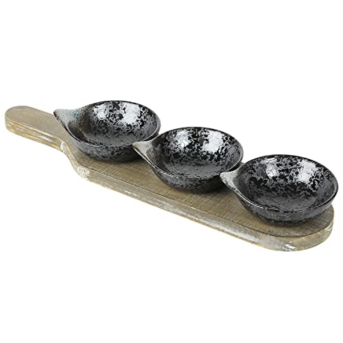 Mygift Rustic Brown Solid Wood Serving Tray And Ceramic Condiment Bowl Set Includes Speckled Black Dipping Sauce Bowls For Dips, Sauces, Toppings And Appetizers #TOP5