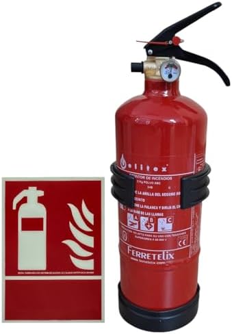 FERRETELIX® Extintor 2 Kg ABC (Eficacia 8A 34B C) + Soporte + Cartel Fotoluminiscente 21x30 cm – Homologado – Fabricado en España – Año 2026