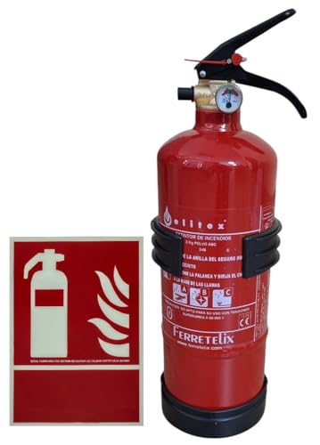 FERRETELIX® Extincteur 2 kg ABC (efficacité 8A 34B C) + support + panneau photoluminescent 21 x 30 cm - Homologué - Fabriqué en Espagne - Année 2026