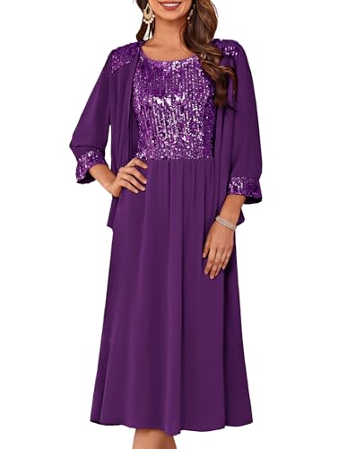 Image of GRACE KARIN Formal Wedding Guest Dress Sequin Mother of The Bride Dresses | Two Piece,3 /4 Sleeve,Tea Length,Crew Neck,Fit and Flare,Chiffon,Suitable for Spring /Summer /Fall /Winter /Cocktail /Party /Prom