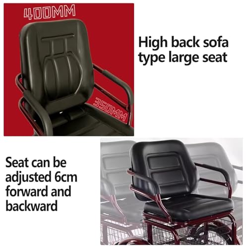 Triciclo para adultos y ancianos de 16 pulgadas, triciclo con pedales, asiento esponjoso con reposabrazos, triciclo cruiser de 3 ruedas, ruedas neumáticas con radios, color vino rojo miniatura 5