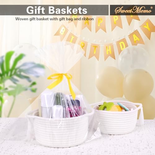 Small Cute Empty Gift Baskets to Fill, Mini Woven Storage Basket, SweetMemo Decorative Wicker Rope Organizing Bin for Desk Makeup Bathroom, Pre-Shaped, with Gifting Bags and Ribbon, 2 Pack,White - 3