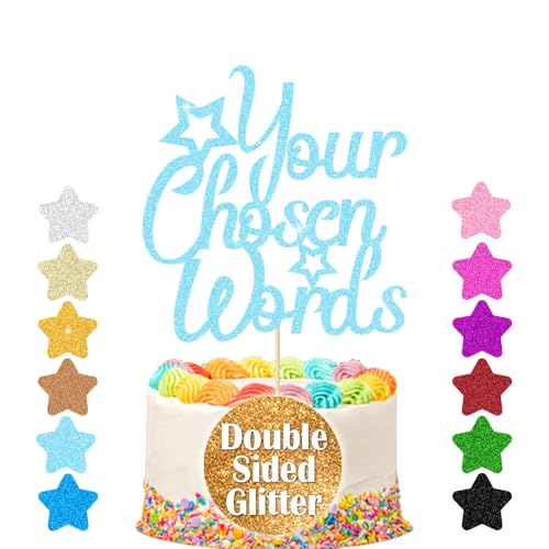 Personalised Cake Topper | Customized Birthday Cake Decorations. Double Sided Glitter Card Text Customized | Birthday or Wedding Party Multicolour Glitter Cake Decoration(Baby Blue)