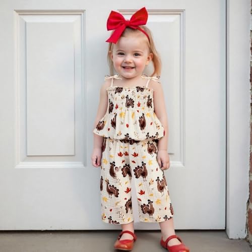 VISGOGO Halloween Toddler Girl Outfit Pumpkin Smocked Tie-up Spaghetti Strap Tops Leg Pants Halloween Baby Girl Clothes2