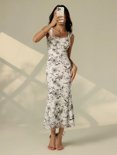 SKAYS Women's Floral Summer Pastel Wedding Guest Dress Mesh Bodycon Ruched Cocktail Midi Sundress4