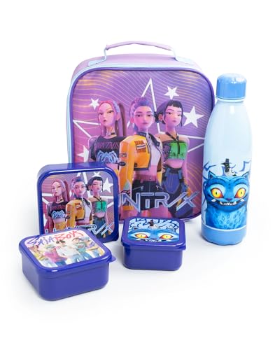 KPop Demon Hunters Purple Lunch Bag | Insulated Food Container with Bottle & 3 Snack Pots | Cartoon Character School Lunchbox | K-Pop Demon Hunters Merch