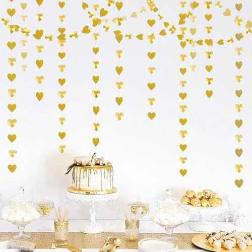 Image of Champagne-Gold Party-Decorations Heart Streamers Garland - 39Ft Graduation Wedding Engagement Hanging Paper Banner,Birthday Bachelorette Neutral Baby Bridal Shower Decor Banners