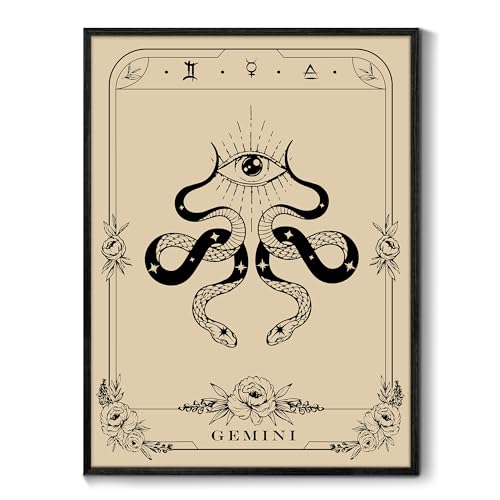 SERIMINO Witchy Framed Wall Art, Gemini Tarot Canvas Prints Paintings, Horoscope Dark Academia Home Decor Aesthetic, 12X16inch Gothic Wall Decor for Room