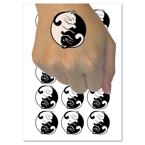 Yin and Yang Cats Curled Up Together Temporary Tattoo Water Resistant Fake Body Art Set Collection - 54 1" Tattoos (1 Sheet)