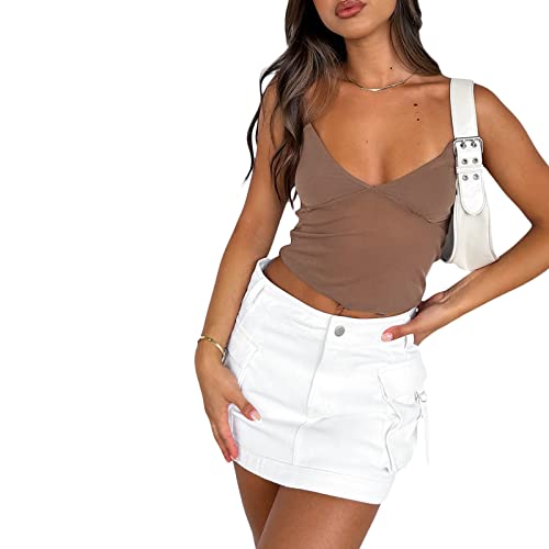Women Y2K Cami Tank Top Spaghetti Strap V Neck Camisoles Summer Cute Sleeveless Crop Top Streetwear(J-Brown Mesh Top,S) #TOP1