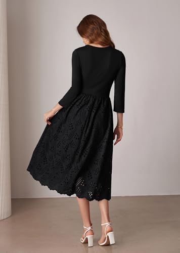 GRACE KARIN Womens Summer 3/4 Sleeve Dress with Pockets A Line Midi Eyelet Dress Empire Waist Casual Fall Flowy Dress4