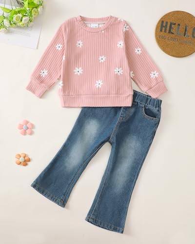 Image of Baby Toddler Girl Clothes Outfits Kids Sweatshirt Jeans Set Denim Pants Little Girls Clothes Toddler Outfit for Girls
