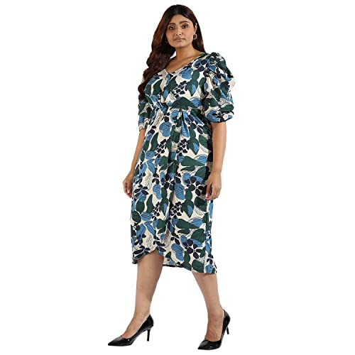 Image of Instafab Plus Women's Multicolour Printed Midi Length Short Sleeve Regular Fit Wrap Dress for Casual Wear | Modern Clothing Dress Crafted with Comfort Fit for Everyday Wear, 3XL