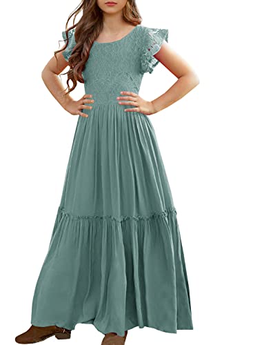 Image of MITILLY Girls Lace Flower Wedding Guest Long Maxi Dress for 6-12 Years | Girls Boho Dress, Girls' Special Occasion Dresses, Wedding Party, Size 6-12 Years, Ruffle Sleeve, A Line, With Pockets