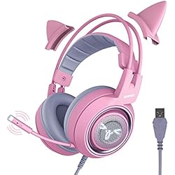 Cascos Gamer Con Orejas SOMIC Auriculares para Juegos Pink Cat con luz Virtual y LED 7.1, Sonido Envolvente, Auriculares con micrófono para computadora, PS4, computadora portátil para niñas, Mujer