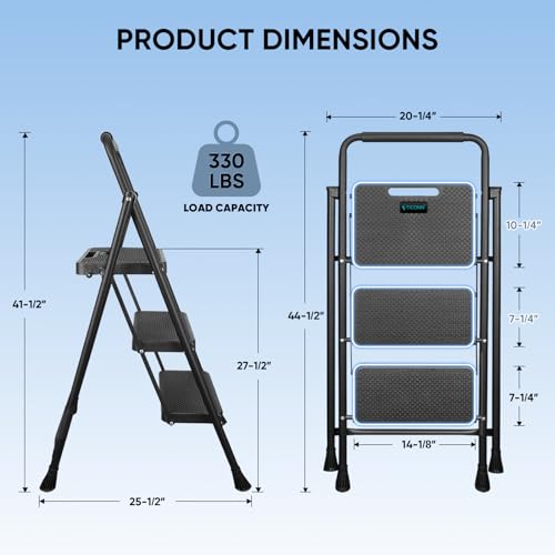 image for TICONN 3 Step Ladder, Heavy Duty Foldable Step Stool, Portable Steel F