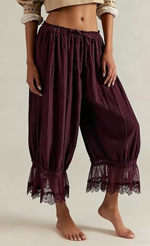 Image of NUFIWI Women Ruffle Long Bloomer Y2k Lace Trim Pettipants Pantaloons Mid Rise Cropped Pajama Pants Under Dress Slips
