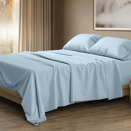 Image of THREAD SPREAD 100% Egyptian Cotton Sheets Queen Size - Luxury 1500 Series Queen Sheet Set Egyptian Cotton (4 PC, Light Blue), Silky Soft, Sateen Weave, Cooling & Breathable, 17 inch Deep Pocket Bed Set
