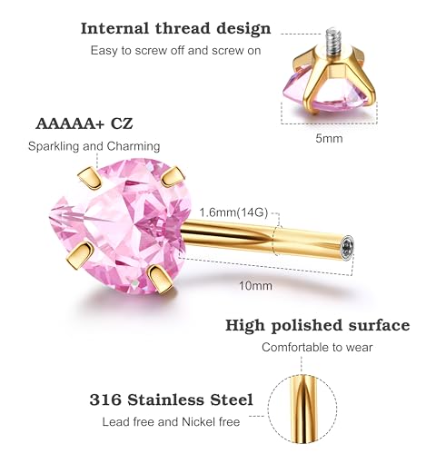 Dochais Pink Heart Belly Button Ring Piercing 8Pcs 14G Surgical Stainless Steel Navel Piercing Hypoallergenic Cute Created-opal Butterfly Belly Button Rings for Women2