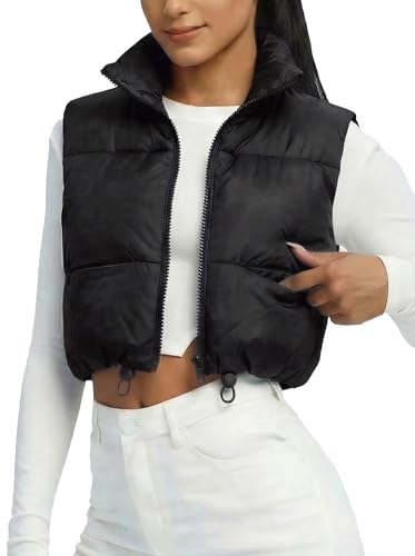 Fuinloth Womens Padded Vest High Stand Collar Lightweight Zip Crop Puffy Gilet Black M