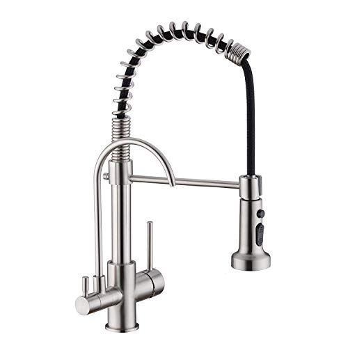 GICASA Kitchen Faucet, Commercial 3 in 1 Spring Brushed Nickel Kitchen Faucet, High Arc Single Hole Pull Down Sprayer Kitchen Sink Faucet, RO System Water Filter Faucet Integrated into Kitchen Faucet