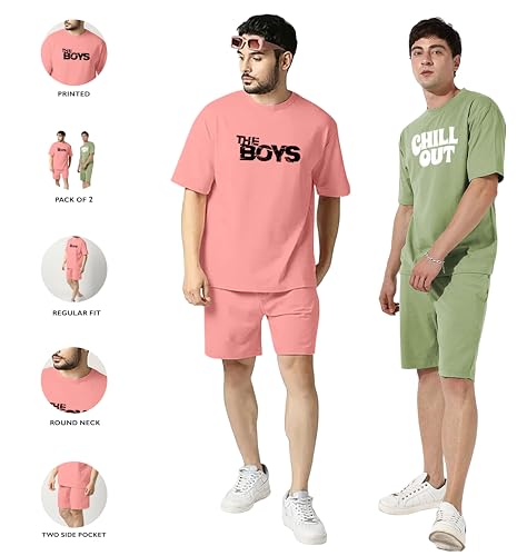 Image of Zombom Combo of Men's Night Suit | Men's Co-ord Set | Lounge-wear Nightdress Pajama Set | Summer Night Wear | Solid Plain Casual Pajama Shorts Set | Beach Wear Pack of 2