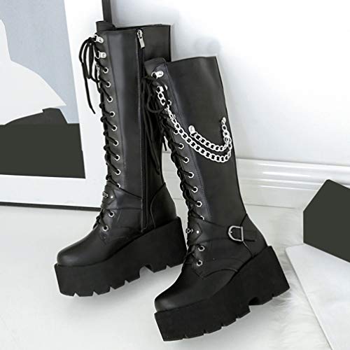 KOKOMOMO Womens Chains Goth Platform Boots Lace Up Chunky Heel Knee High Combat Military Boots4