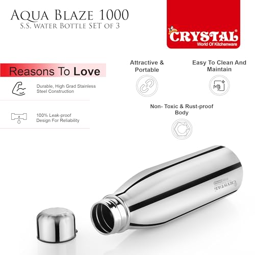 Image of Crystal Aqua Blaze 1000 Stainless Steel Water Bottle 950 ml, Set of 3, Single Walled, ISI Certified I Leak Proof Lid, Rust Proof I For School, Office, Gym I Silver