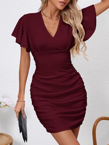 Image of Women's Sexy V Neck Ruffle Sleeve Bodycon Mini Cocktail Party Dress Casual Short Sleeve Work Dress