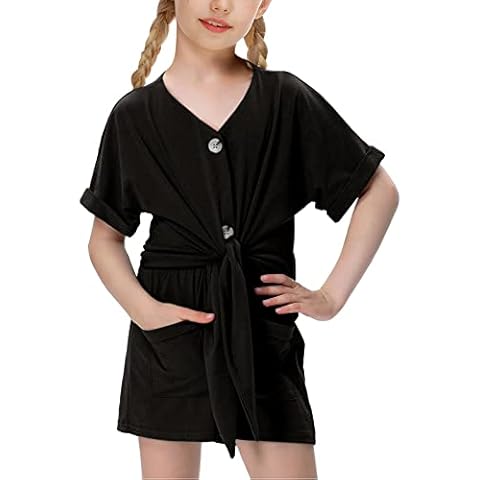 Remimi Girls Button Down Tie Knot Romper Short Sleeve Jumpsuit with Pockets 5-14 Years, Black, 13-14 Years Cover