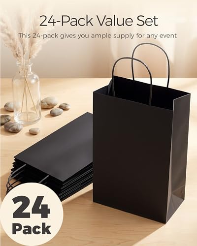 Image of SUNCOLOR Black Gift Bags with Handles, 24-Pack, 8 inch Small | Kraft Paper, For Party Favors, For Halloween, For Weddings, For Special Events