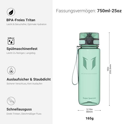 Super Sparrow Trinkflasche - Tritan Wasserflasche - 750ml - BPA-frei - Ideale Sportflasche - Sport, Wasser, Fahrrad, Fitness, Uni… – Ansicht 3