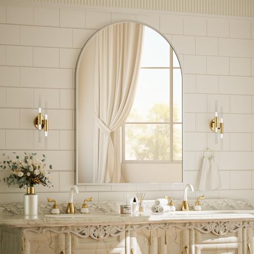 Image of BEAUTYPEAK 30 inchx40 inch Arch Bathroom Mirror, Wall Mounted Vanity Metal Frame Mirror for Bedroom, Entryway, Living Room, Silver