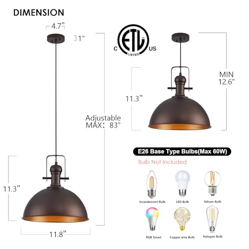 Image of 12 Inch ORB Farmhouse Pendant Lights for Kitchen Island 3 Pack | ETL Certificate, Easy to Install,Adjustable Height Cord,Vintage Industrial Dome Hanging Light Fixtures