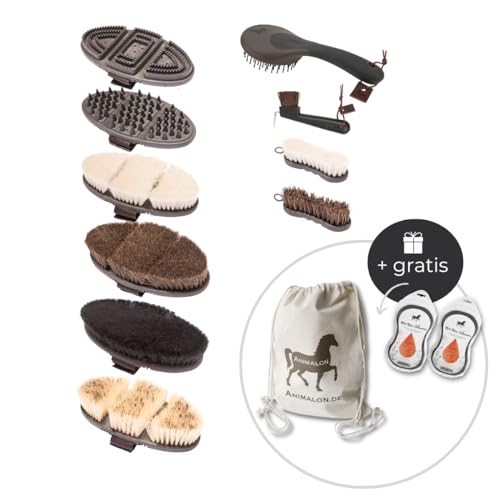 Animalon Master-Set - Massage-Striegel,Gummi-Striegel,Glanzbürste,Rosshaar-Kardätsche,Wurzelbürste,Natur-Kardätsche,Lammfell-Kardätsche,Mähnen-&Schweifbürste,Schwamm,Naturborsten Hufkratzer