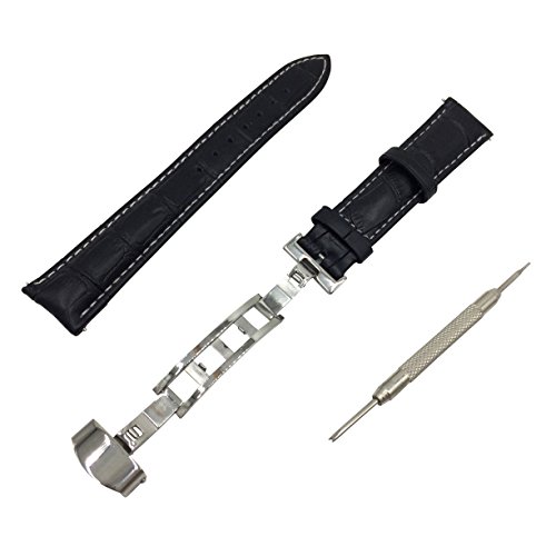 Dバックル 白ステッチ 腕時計 本革 バンド 【DauStage】 5色 4サイズ クロコダイル 型押し ベルト バネ棒 & バネ棒はずし 付 (01 ブラック 18mm)