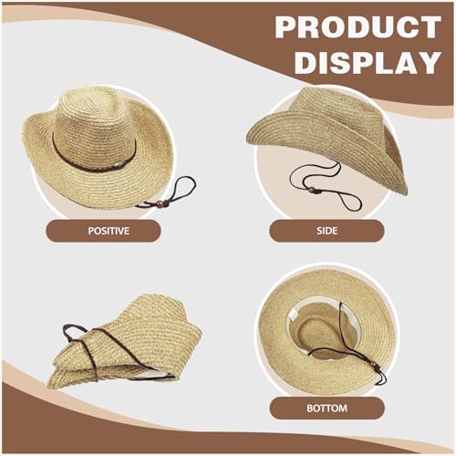Image of Straw Cowboy Hats Western Cowgirl Hat for Holiday Woven Beach Sun Hat with Shapeable Wide Brim Cowboy Hat for Women /Men