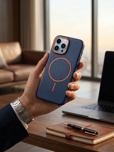 Image of amazon basics Luxury MagSafe Compatible Leather Texture Back Cover for iPhone 15 Pro | Raised Camera Protection | Slim Fit Shockproof Case with Metallic Accents (Dark Blue)