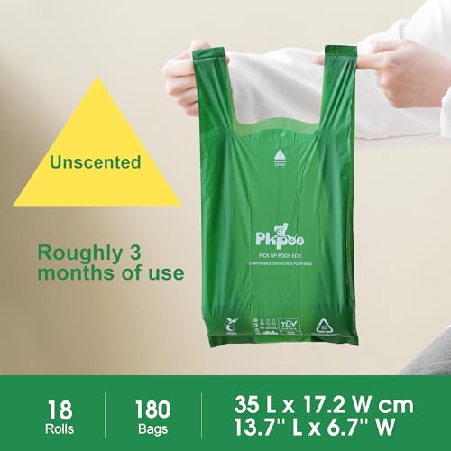 Image of Pkpoo 100% Compostable Dog Poop Bags with Handles, Extra Wide, Vegetable-Based Large Poop Bags for Dogs, Biodegradable Waste Bags for Poo, Cat Litter, Diaper Sacks, Unscented, 180 Counts