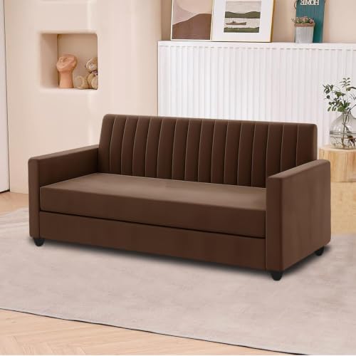 Image of 3+2 Wooden Sofa Set with Ottoman for Living Room | Modern Upholstered 5-Seater Couch | Soft Cushion, Premium Velvet Fabric-Brown