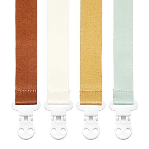 Image of Stadela Baby Pacifier Clip Holder - Girl or Boy Unisex 4 Pack Gift Set – Boho Modern Neutral Brown Yellow White Sage Green Solid Colors (Hayden)