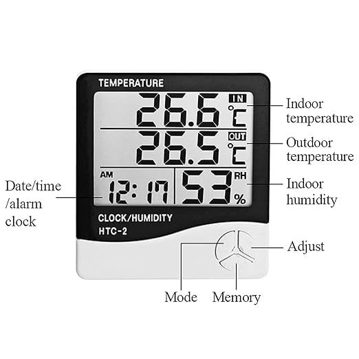 OTTIXE Digital Thermometer Hygrometer with Clock, Temperature Humidity Meter, LCD Display, Black and Silver, Tabletop Mounting 1