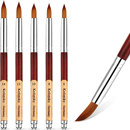 5 Pieces Kolinsky Acrylic Nail Brush, Oval Crimped Acrylic Nails Art Brush with 2-Color Stitching Design Round Wood Handle for Acrylic Application Manicure, Size 6, 8, 10, 12, 14